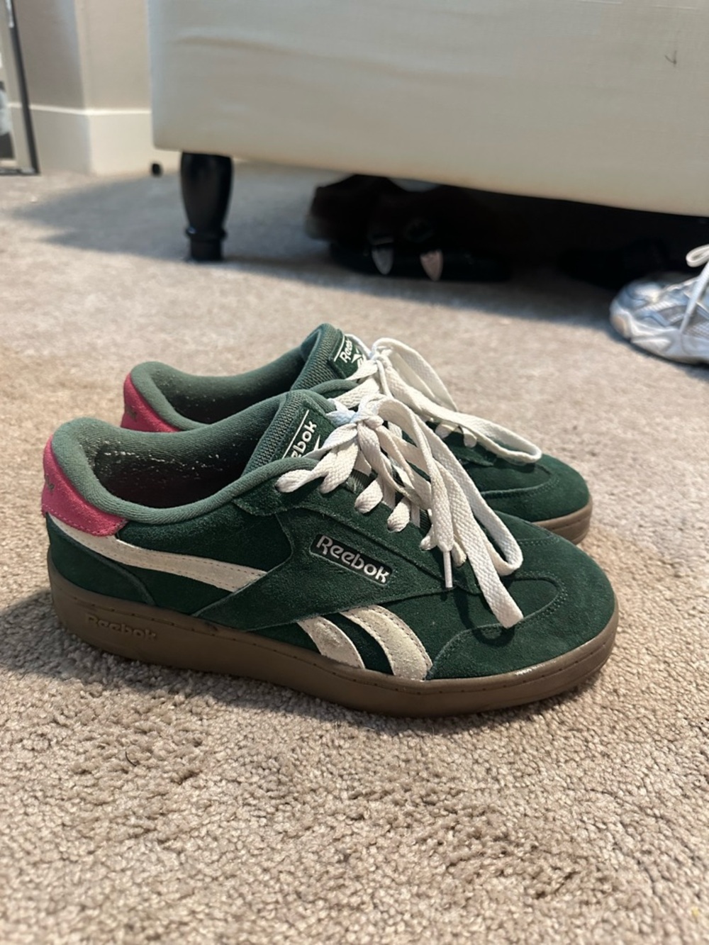 Reebok Dark Green Suede Sneakers with Pink Heel Accent